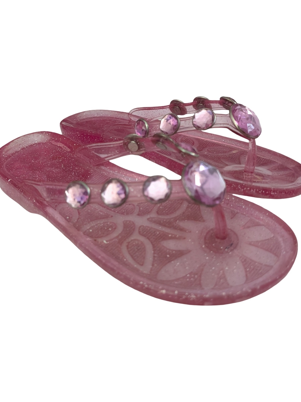 Childrens Place Glitter Pink Jelly Crystal Thong Flip Flops Gem Accents Girls 13